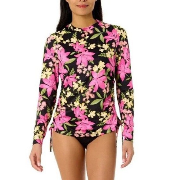 Hurley Ladies Long Sleeve Rash Guard Swim Top Black Pink Floral Small NWT - Picture 1 of 4